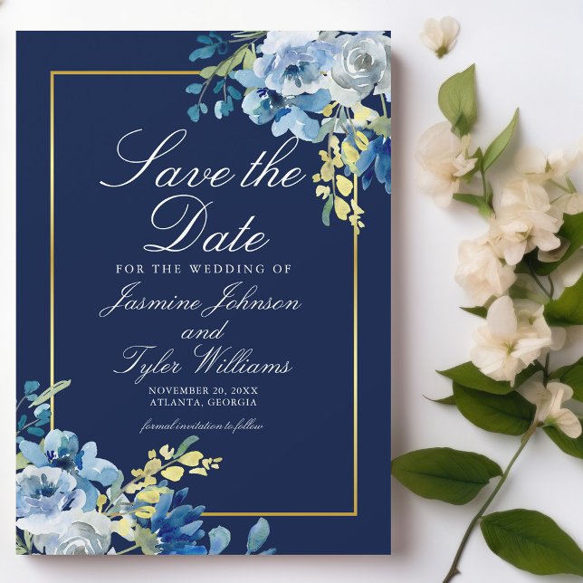 Invitation Magnétique Marine Bleu Floral Elégant Gold Bordure Enregistre (Créateur téléchargé)