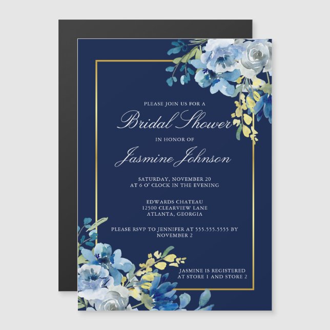 Invitation Magnétique Marine Blue Gold Floral Fête des mariées élégante (Devant / Derrière)