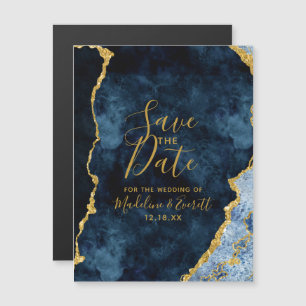 Invitation Magnétique Marine Blue Gold Foil Agate Mariage Enregistrer la