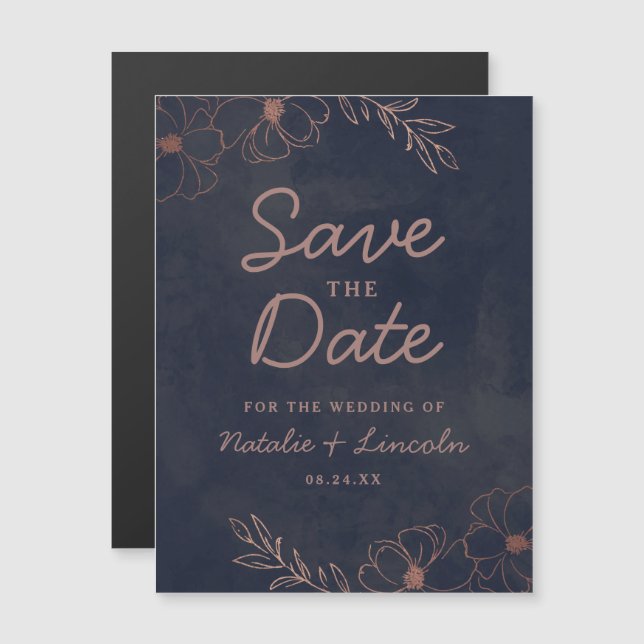 Invitation Magnétique Marine Blue & Rose Gold Foil Wedding Enregistrer l (Devant / Derrière)