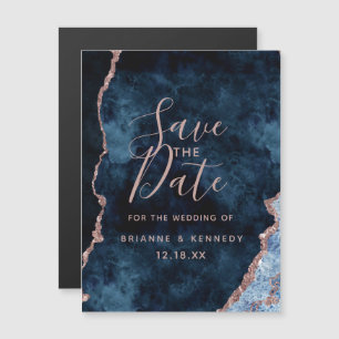 Invitation Magnétique Marine Rose Gold Agate Marbre Enregistrer la date