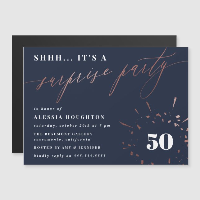 Invitation Magnétique Marine & Rose Gold Script Surprise Party (Devant / Derrière)