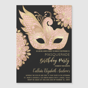 Invitation Magnétique Masque de masquerade noir or rose métallisé pour a