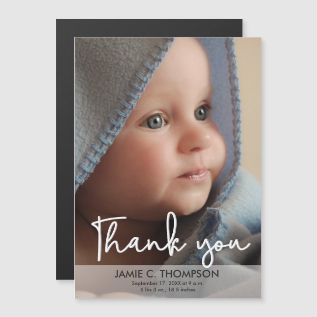 Invitation Magnétique Merci photo bébé vertical (Devant / Derrière)