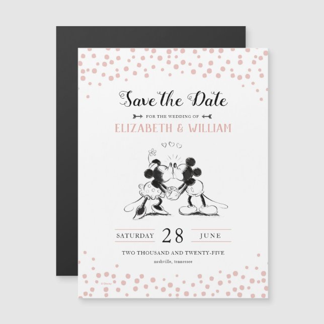 Invitation Magnétique Mickey & Minnie | Confetti rose Enregistrer la dat (Devant / Derrière)