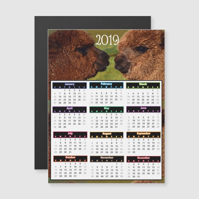 Invitation Magnétique Mini calendrier de 2019 alpaga drôles (Devant / Derrière)
