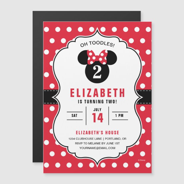 Invitation Magnétique Minnie | Polka Rouge & Blanc Point Anniversaire (Devant / Derrière)
