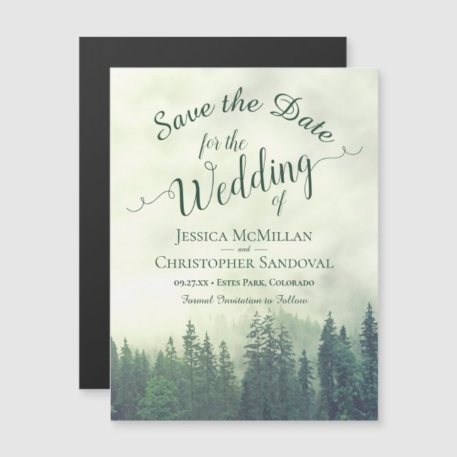 Invitation Magnétique Misty Green Mountain Pines Mariage Sauvez la date (Devant / Derrière)