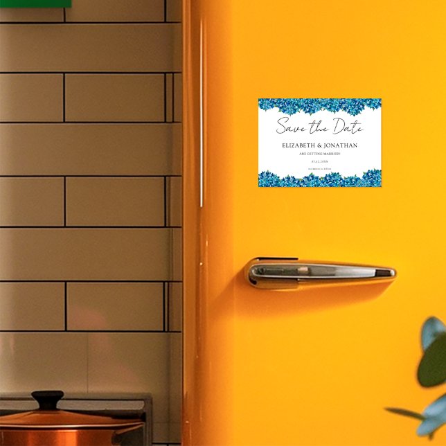 Invitation Magnétique Modern Blue Hydrangeas Navy Blue Striped Wedding (Créateur téléchargé)