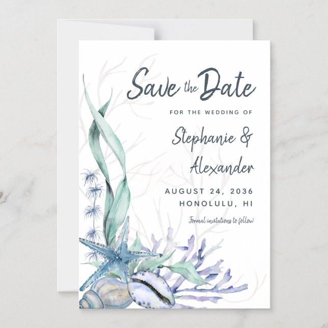 Invitation Magnétique Moderne Beach Mariage Aquarelle Bleu Enregistrer l (Recto)
