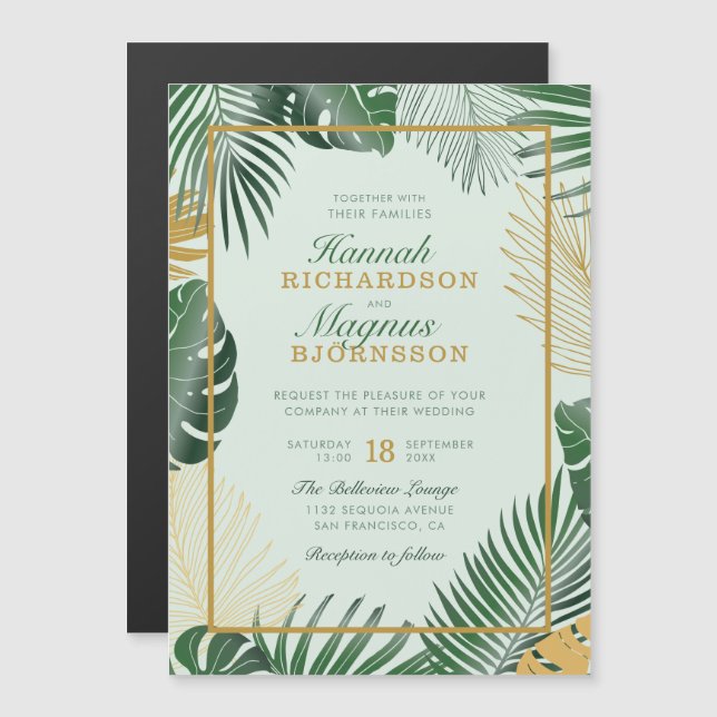 Invitation Magnétique Moderne Green Tropical Palm Feuille Mariage tendan (Devant / Derrière)