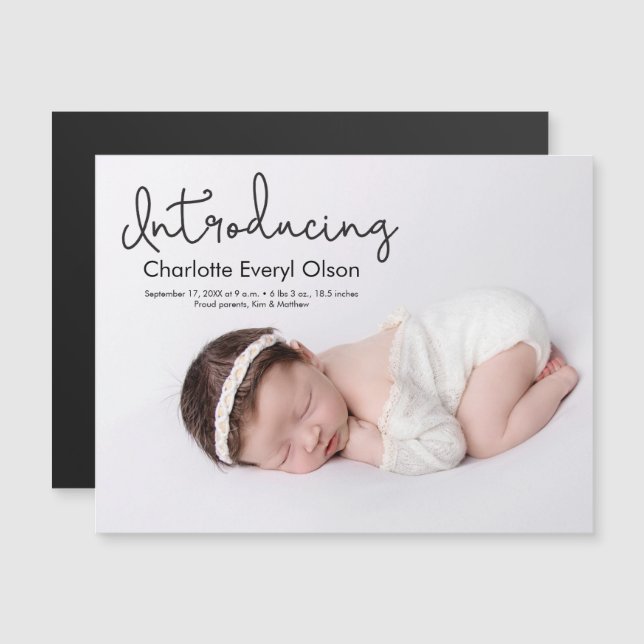 Invitation Magnétique Moderne Handlettering photo bébé fille Introduire (Devant / Derrière)