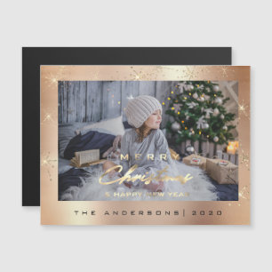 Invitation Magnétique Moderne Merry Holiday Photo Gold Spark Rose Sparkl