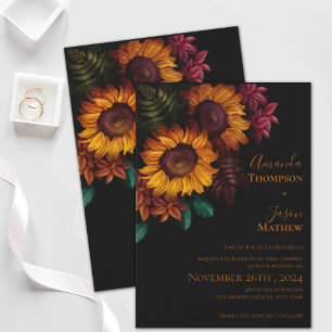 Invitation Magnétique Moderne Vibrant Noir Brûlé Orange Floral Mariage