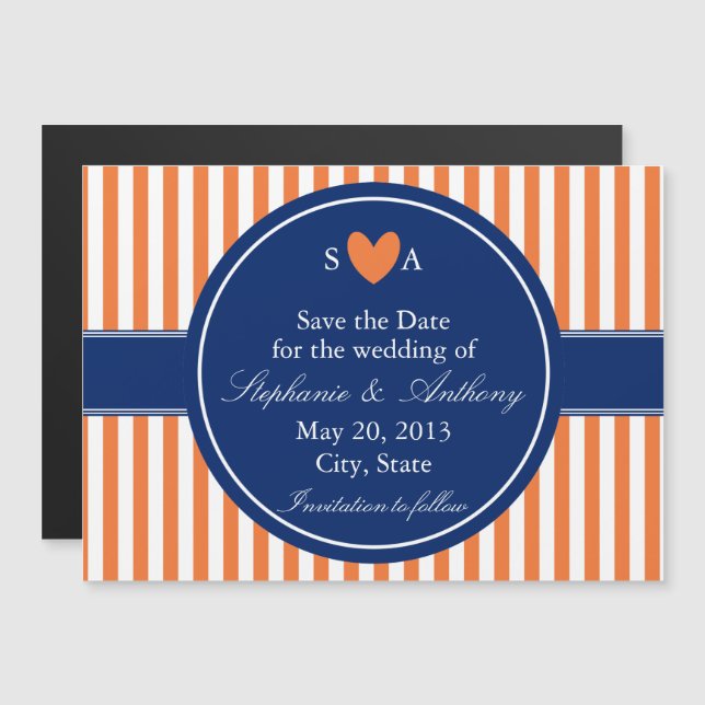 Invitation Magnétique Monogramme bandes orange et blanc avec bleu royal (Devant / Derrière)