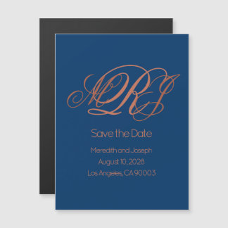 Invitation Magnétique Monogramme Élégant Cuivre Bleu Marine Enregistrer 