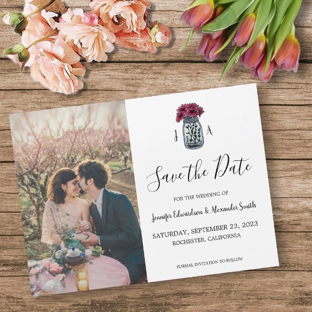 Invitation Magnétique Monographie de pot Mason rustique photo Enregistre (Rustic Mason jar monogram photo Save the Date Magnetic Invitation. You can add your own photo.)