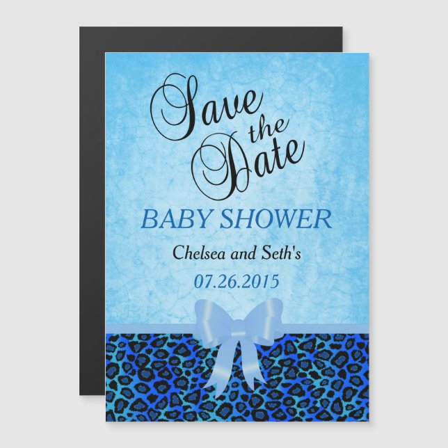 Invitation Magnétique Motif de chat animal Jaguar | Bleu | Baby shower g (Devant / Derrière)