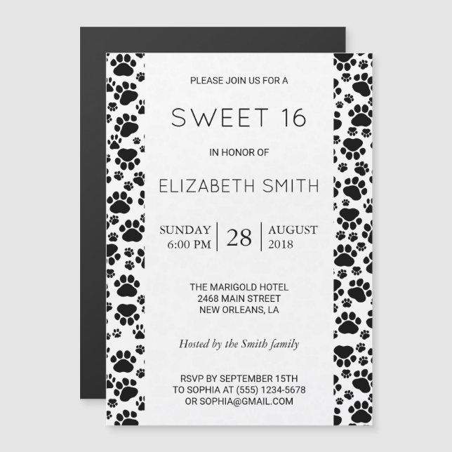 Invitation Magnétique Motif mâché, pattes de chien, noir et blanc, doux  (Devant / Derrière)