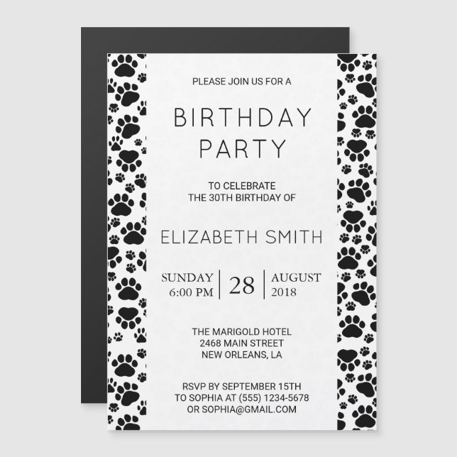 Invitation Magnétique Motif mâle, pattes de chien, noir et blanc, Annive (Devant / Derrière)