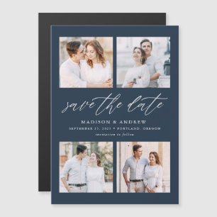Invitation Magnétique Navy Elegant Script 4 Photo Collage Enregistrer La