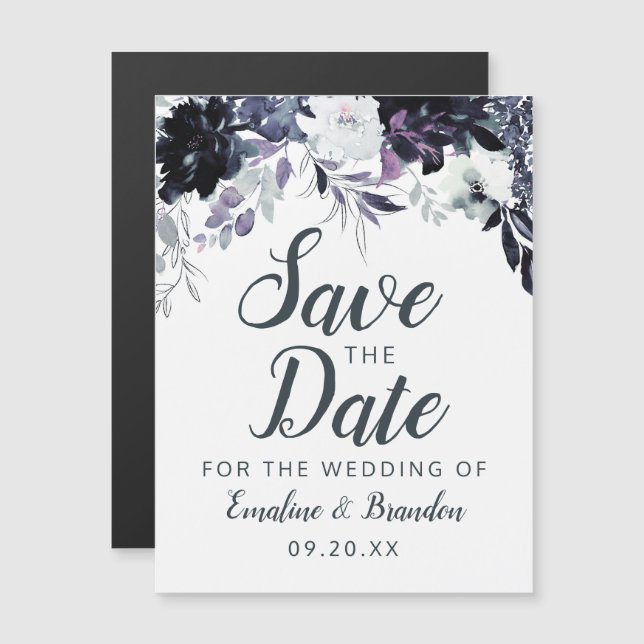 Invitation Magnétique Nocturne Floral Aquarelle Mariage Enregistrer la d (Devant / Derrière)