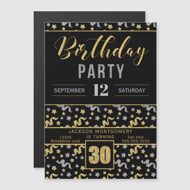 Invitation Magnétique Noir et Or 30e anniversaire Confetti (Devant / Derrière)