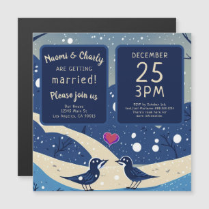 Invitation Magnétique Oiseaux bleus d'hiver en amour Mariage de Noël