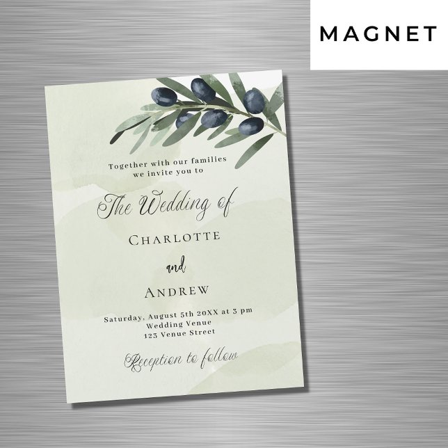 Invitation Magnétique Olive feuille verdure aquarelle mariage de luxe (Créateur téléchargé)