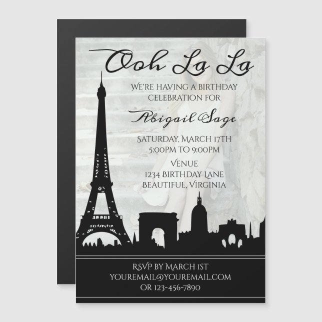 Invitation Magnétique Ooh La La Paris Skyline Photo Anniversaire (Devant / Derrière)