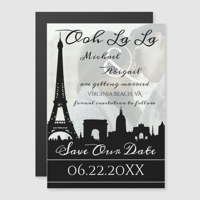 Invitation Magnétique Ooh La La Paris Skyline Photo Enregistrer la date (Devant / Derrière)