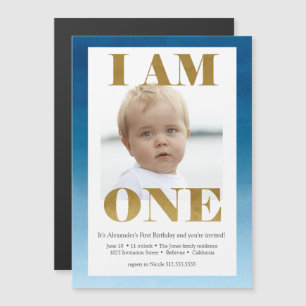 Invitation Magnétique Or moderne + Photo Bleue 1er anniversaire