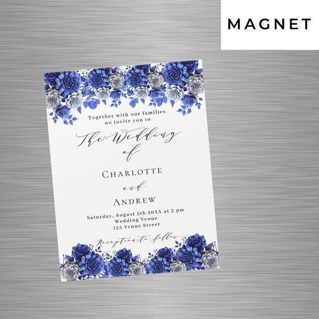 Invitation Magnétique Orthographe de luxe bleu royal fleurs blanches mar (Créateur téléchargé)