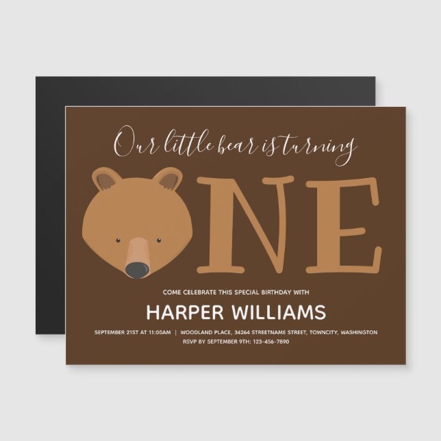 Invitation Magnétique Ours Un animal mignon Brown Premier anniversaire (Devant / Derrière)