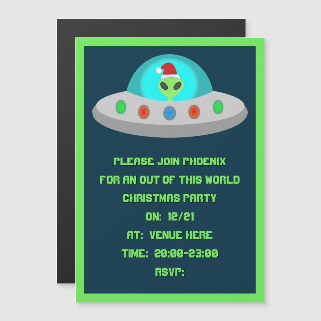Invitation Magnétique OVNI de Noël Ho Ho Alien soucoupe volante Personna (Devant / Derrière)