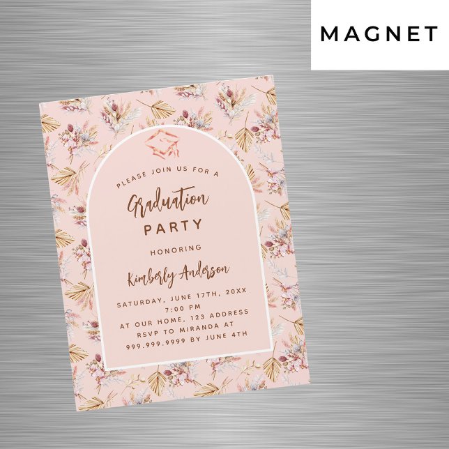 Invitation Magnétique Pampas fleurs rose or luxe fête de graduation (Créateur téléchargé)