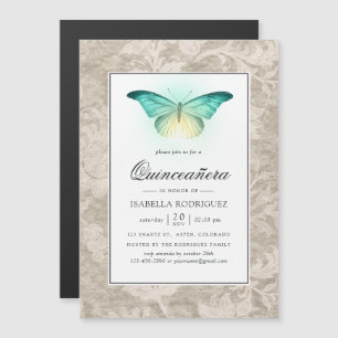 Invitation Magnétique Papillon Lumineux et Damassé Vintage pour Quinceañ
