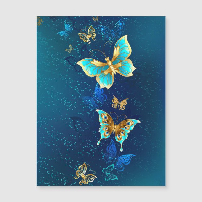 Invitation Magnétique Papillons d'or sur un Arrière - plan bleu (Devant)
