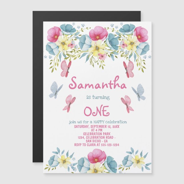 Invitation Magnétique Papillons Pink Aquarelle Florales Anniversaire (Devant / Derrière)