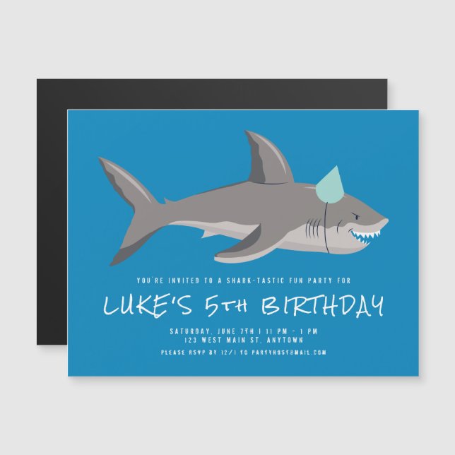 Invitation Magnétique Parti Anniversaire de enfant Cool bleu requin (Devant / Derrière)