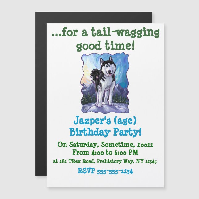 Invitation Magnétique Parti Cute Husky (Devant / Derrière)