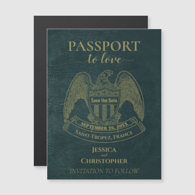 Invitation Magnétique Passport turquoise Destination Mariage Enregistrer (Devant / Derrière)