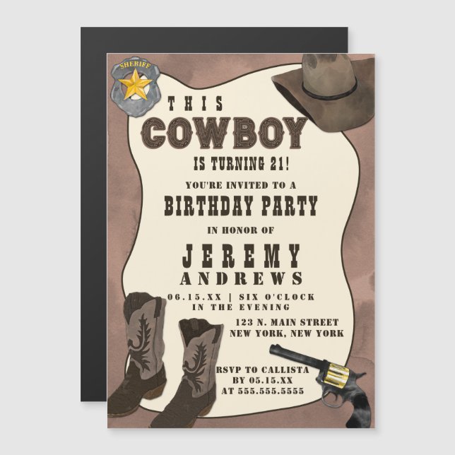 Invitation Magnétique Pays Brown Cowboy Aquarelle Anniversaire (Devant / Derrière)