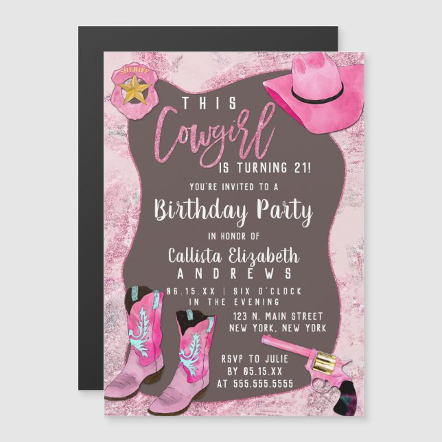 Invitation Magnétique Pays Parties scintillant rose fille Aquarelle Anni (Devant / Derrière)
