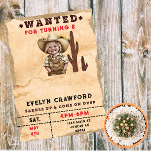 Invitation Magnétique Pays Recherché Western Cactus Fille Anniversaire