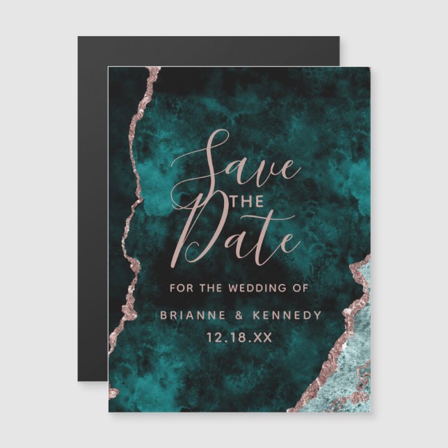 Invitation Magnétique Peacock Green Rose Gold Agate Marbre Enregistrer l (Devant / Derrière)