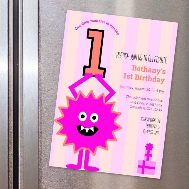 Invitation Magnétique Petit Monstre Rose Chaud Fille 1er Anniversaire mi (Créateur téléchargé)