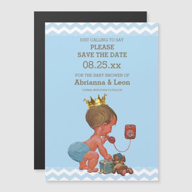 Invitation Magnétique Petit Prince au téléphone Sauvez la date gris bleu (Devant / Derrière)