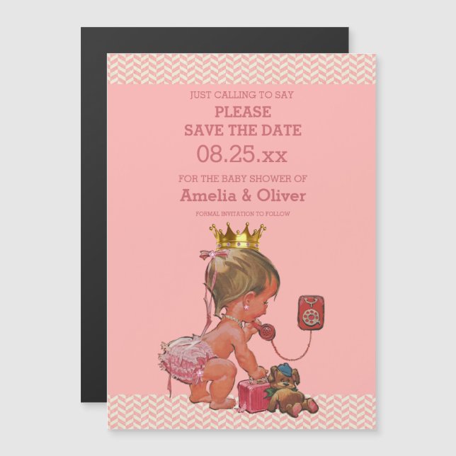 Invitation Magnétique Petite Princesse au téléphone Économisez Les Chevr (Devant / Derrière)