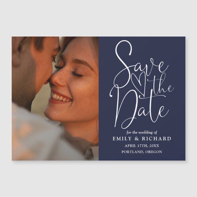 Invitation Magnétique Photo Bleue Marine Mariage Élégant Enregistrer La  (Devant)